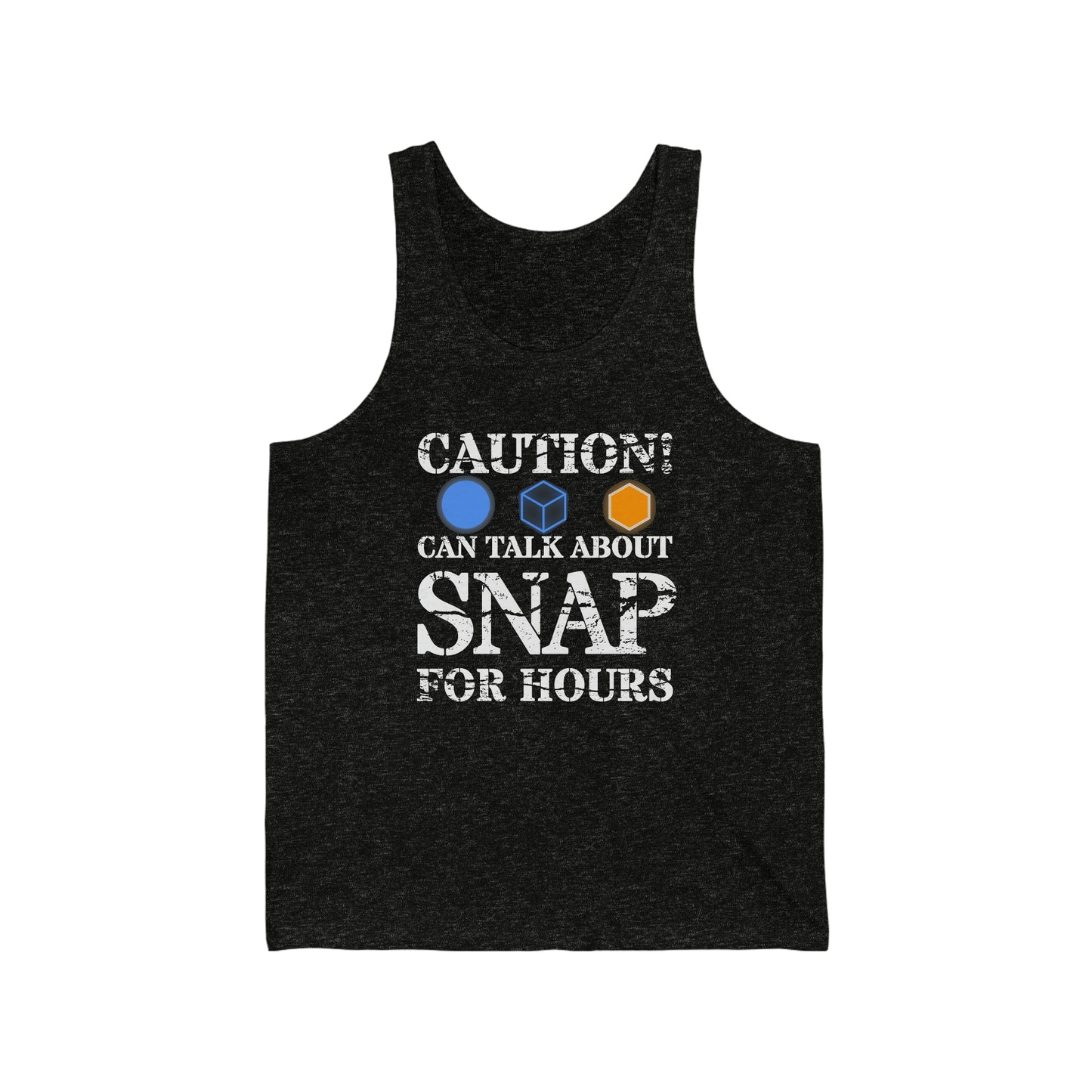 "caution - snap for hours" Marvel Snap Unisex Jersey Tank