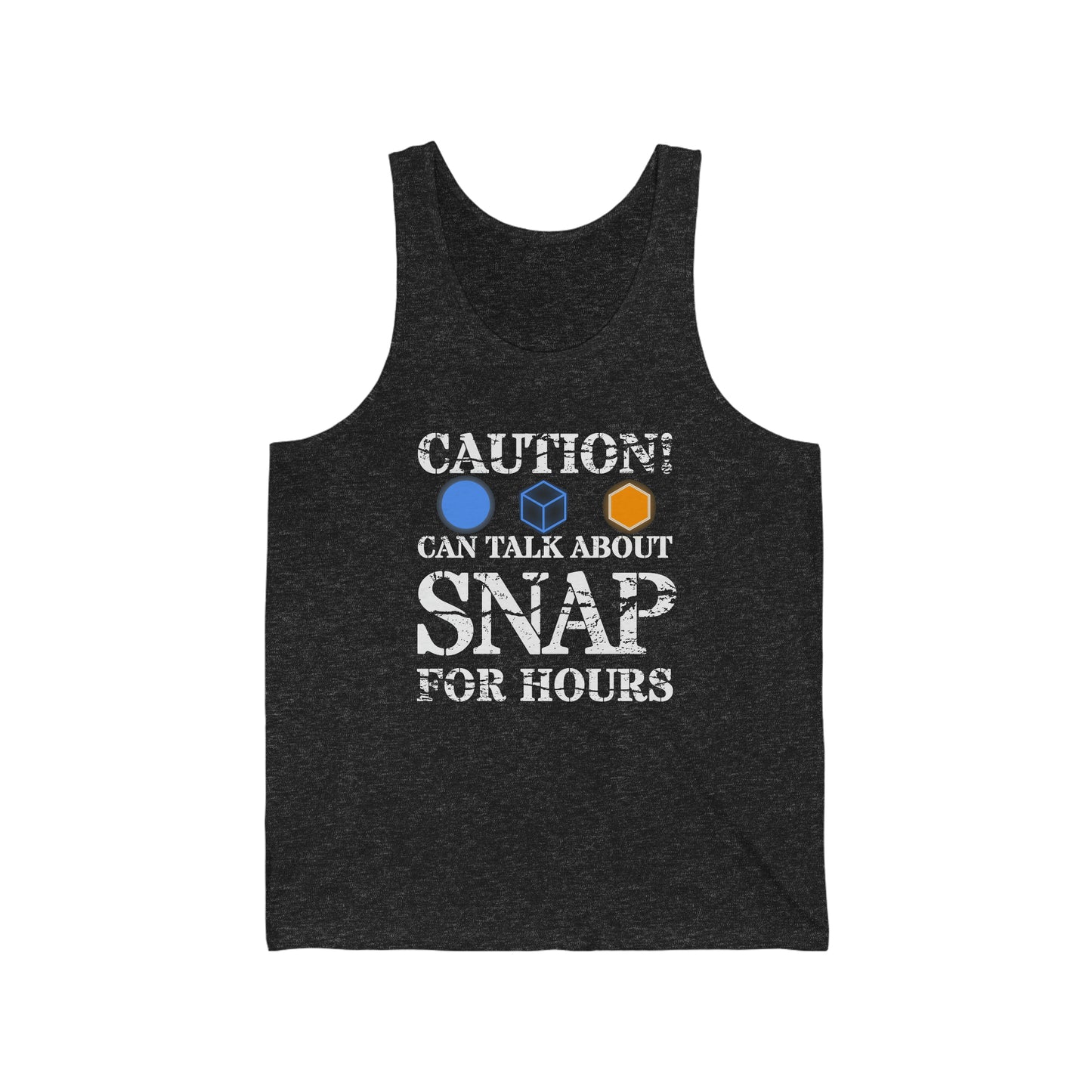 "caution - snap for hours" Marvel Snap Unisex Jersey Tank